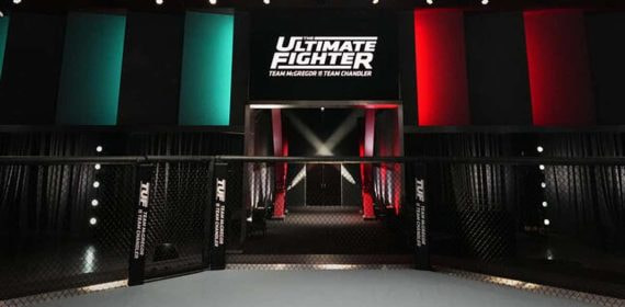 Imagen del octágono del UFC Apex con los colores del TUF.