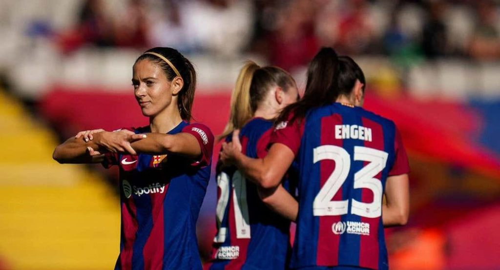 Aitana Bonmatí celebra un gol anotado durante el último Clásico celebrado en Montjuic.
