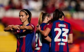 Aitana Bonmatí celebra un gol anotado durante el último Clásico celebrado en Montjuic.