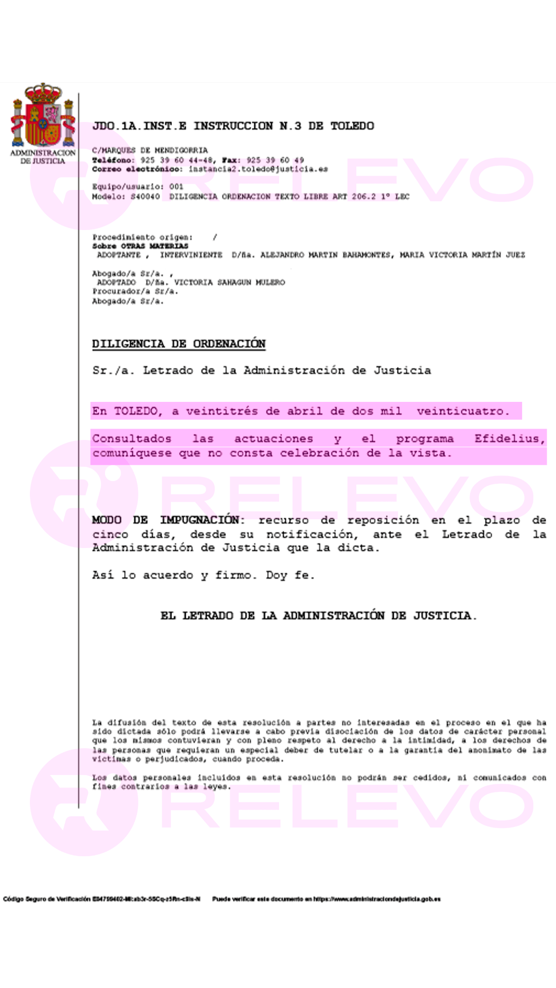 Documento que revela que no consta la celebración de la vista en la que se tenía que haber ratificado la adopción. Relevo