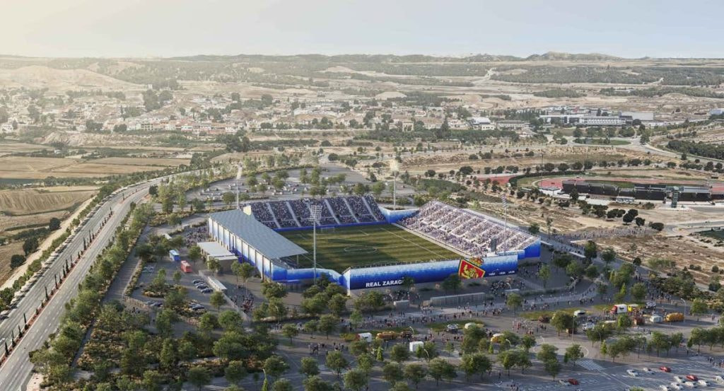 Simulación del anteproyecto de lo que será el estadio modular al que se trasladará el Real Zaragoza durante la construcción de la nueva Romareda.