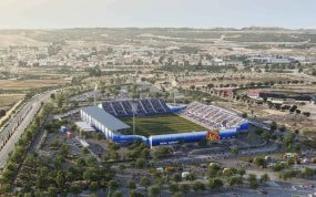 Simulación del anteproyecto de lo que será el estadio modular al que se trasladará el Real Zaragoza durante la construcción de la nueva Romareda.