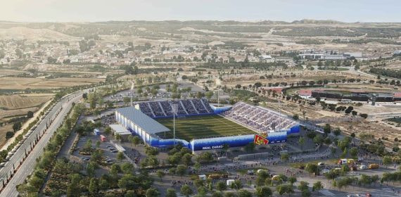 Simulación del anteproyecto de lo que será el estadio modular al que se trasladará el Real Zaragoza durante la construcción de la nueva Romareda.