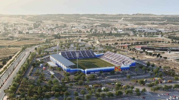 Simulación del anteproyecto de lo que será el estadio modular al que se trasladará el Real Zaragoza durante la construcción de la nueva Romareda.