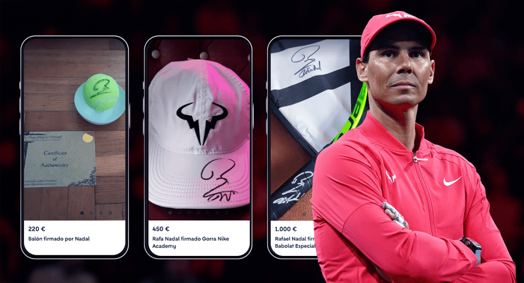 Rafael Nadal y algunos de los productos que se revenden con su firma.