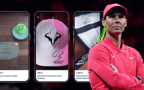 Rafael Nadal y algunos de los productos que se revenden con su firma.