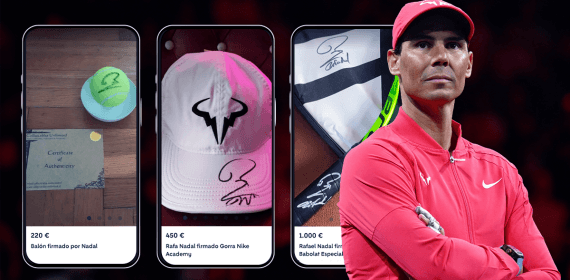 Rafael Nadal y algunos de los productos que se revenden con su firma.