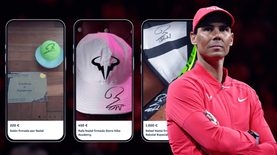 Rafael Nadal y algunos de los productos que se revenden con su firma.