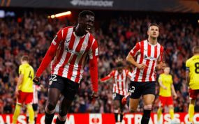 Adama Boiro celebra su primer gol con el Athletic Club.