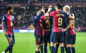 El Barça celebra uno de los goles que anotó contra el Espanyol.