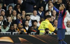 Lamine celebra su gol en el Bernabéu.