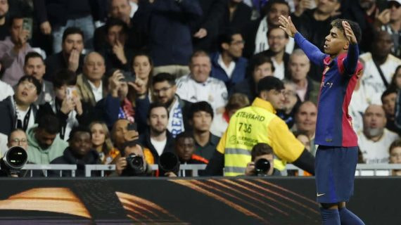 Lamine celebra su gol en el Bernabéu.