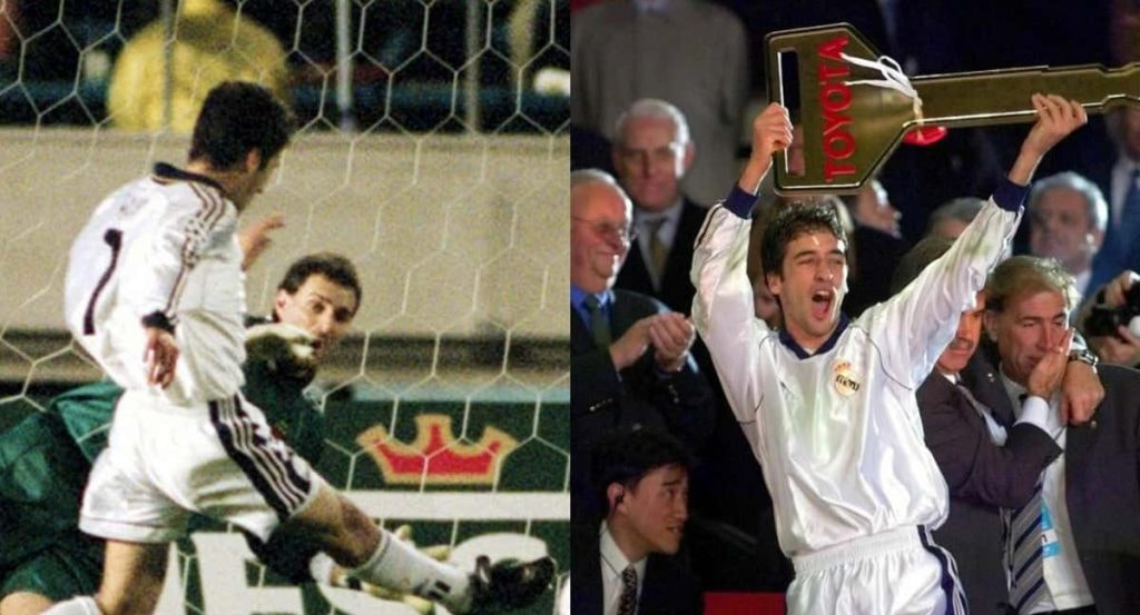 Raúl, haciendo el gol del aguanís ante Vasco de Gama y levantando la llave de Toyota.