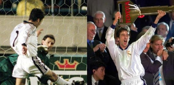 Raúl, haciendo el gol del aguanís ante Vasco de Gama y levantando la llave de Toyota.