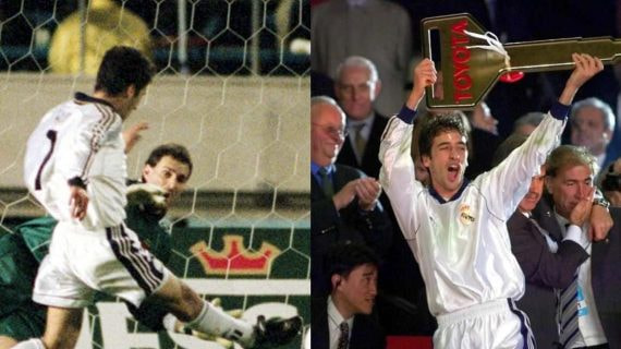 Raúl, haciendo el gol del aguanís ante Vasco de Gama y levantando la llave de Toyota.