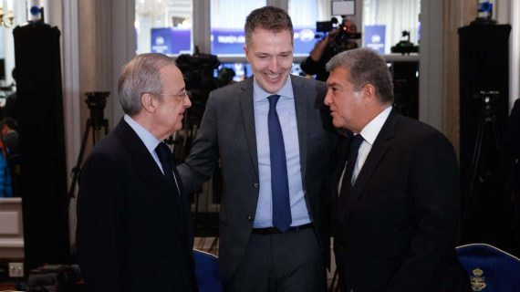 Florentino Pérez y Joan Laporta con Bernd Reichart, CEO de la Superliga.