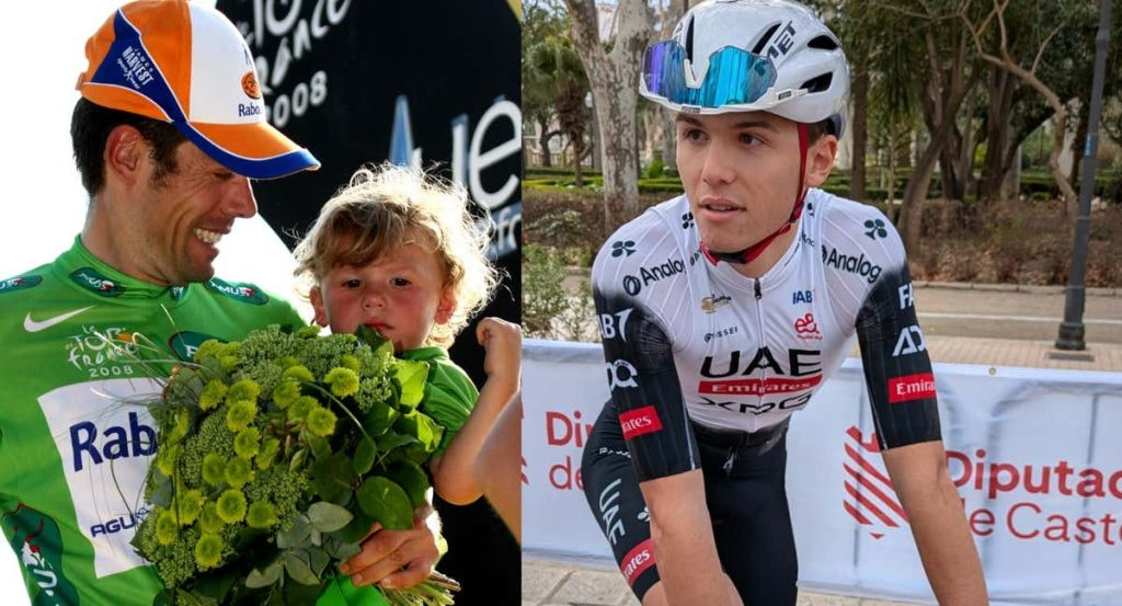 Óscar Freire posa en el podio del Tour con su hijo Marcos, hoy debutante con el UAE Team Emirates en Castellón.