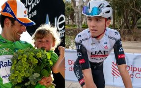 Óscar Freire posa en el podio del Tour con su hijo Marcos, hoy debutante con el UAE Team Emirates en Castellón.