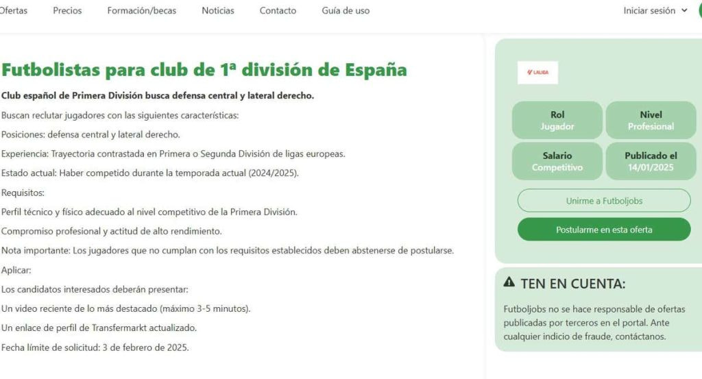La oferta de FutbolJobs.