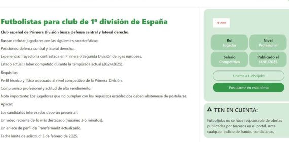 La oferta de FutbolJobs.
