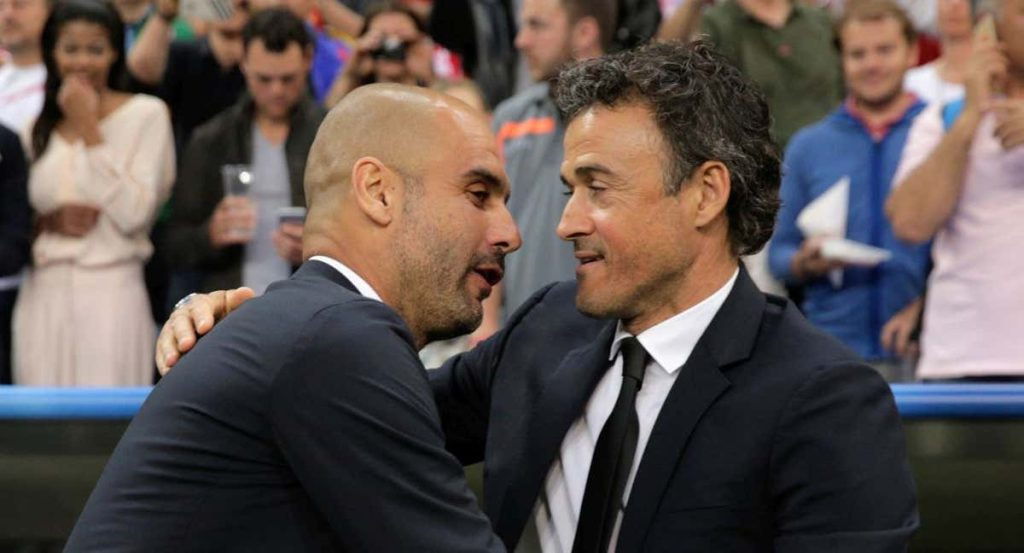 Pep Guardiola y Luis Enrique, en uno de sus muchos enfrentamientos como entrenadores.