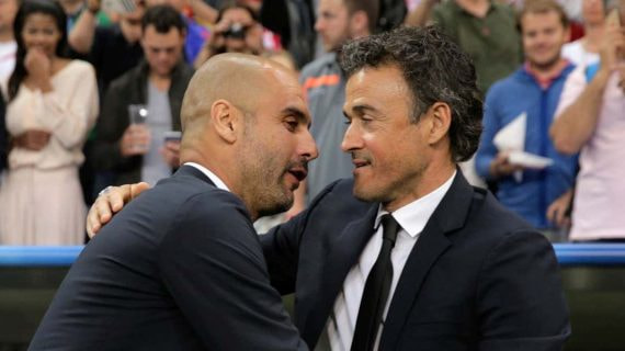 Pep Guardiola y Luis Enrique, en uno de sus muchos enfrentamientos como entrenadores.