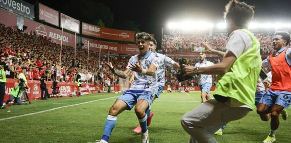Los jugadores del Málaga celebran uno de los goles que le dieron el ascenso.