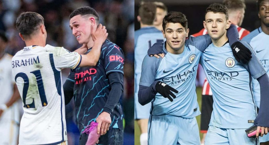 Brahim Díaz y Phil Foden celebran un gol juntos en 2017.