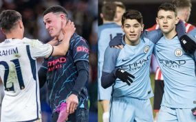 Brahim Díaz y Phil Foden celebran un gol juntos en 2017.
