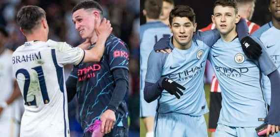 Brahim Díaz y Phil Foden celebran un gol juntos en 2017.