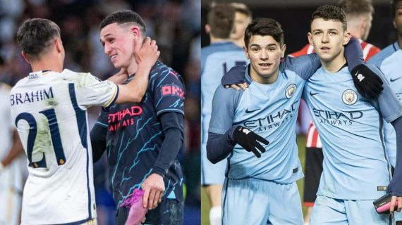 Brahim Díaz y Phil Foden celebran un gol juntos en 2017.