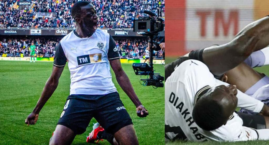 Diakhaby tras su gol al Leganés y el día de su lesión.