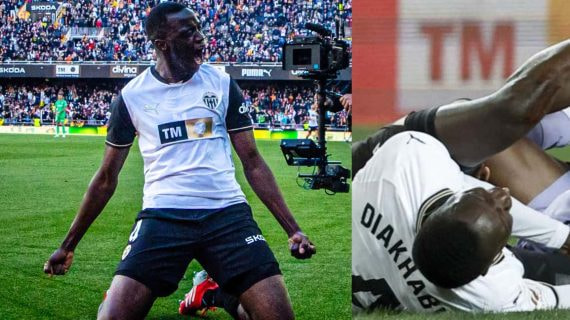 Diakhaby tras su gol al Leganés y el día de su lesión.