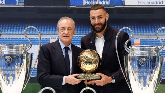 Florentino Pérez y Karim Benzema con el Balón de Oro.