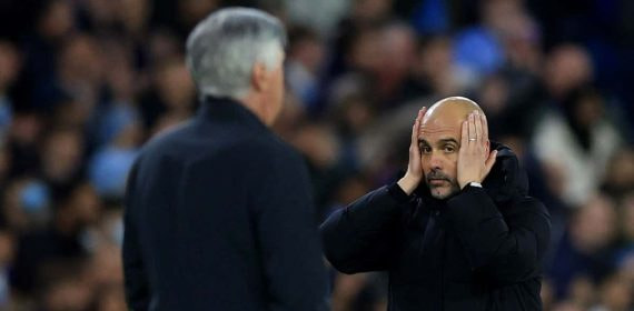 Guardiola y Ancelotti, durante uno de los Real Madrid-City.