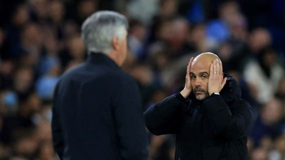 Guardiola y Ancelotti, durante uno de los Real Madrid-City.