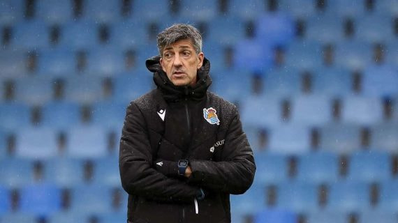 Imanol Alguacil, en el entrenamiento de Zubieta de esta mañana.