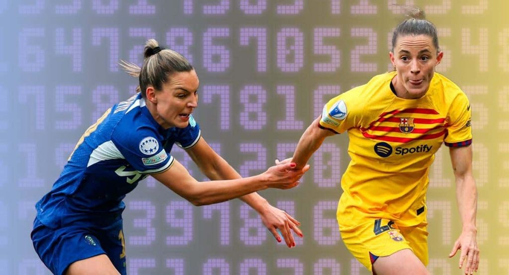 Johanna Rytting Kaneryd y Ona Batlle se disputan el balón en el Chelsea - Barcelona de Champions en 2024.