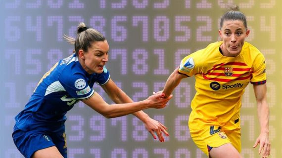 Johanna Rytting Kaneryd y Ona Batlle se disputan el balón en el Chelsea - Barcelona de Champions en 2024.