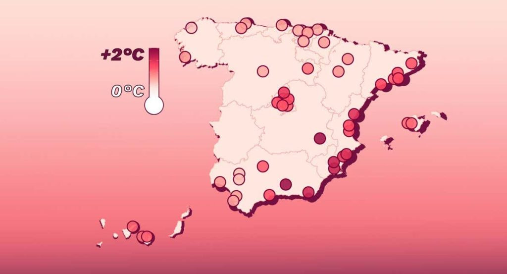 El mapa de las anomalías térmicas de las zonas de los estadios de Primera División en este siglo.