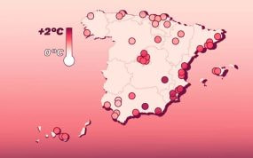 El mapa de las anomalías térmicas de las zonas de los estadios de Primera División en este siglo.