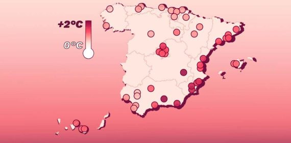 El mapa de las anomalías térmicas de las zonas de los estadios de Primera División en este siglo.
