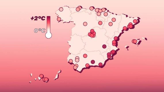 El mapa de las anomalías térmicas de las zonas de los estadios de Primera División en este siglo.