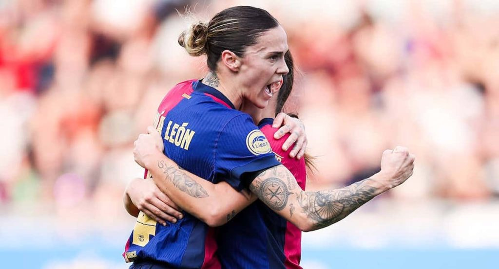 Mapi León, jugadora del Barça, celebra su gol ante el Madrid CFF en Liga F.