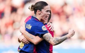 Mapi León, jugadora del Barça, celebra su gol ante el Madrid CFF en Liga F.