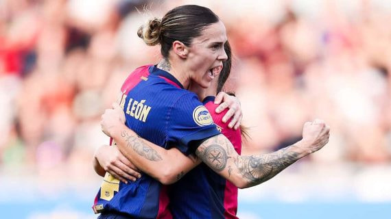 Mapi León, jugadora del Barça, celebra su gol ante el Madrid CFF en Liga F.