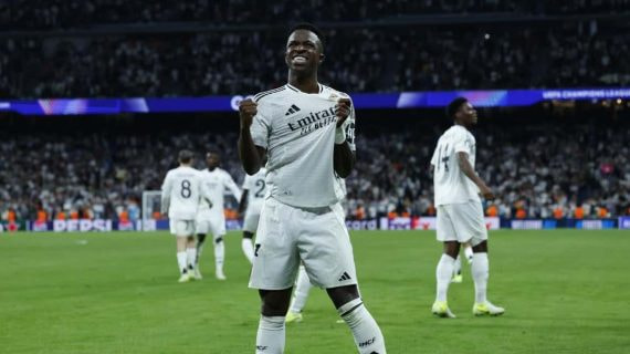 Vinicius celebra su gol con el Real Madrid.