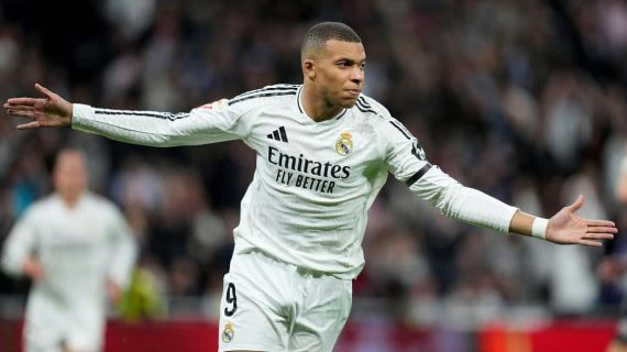 Kylian Mbappé celebrando un gol en el Bernabéu.