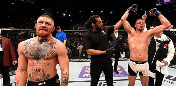 Nate Díaz celebra su victoria sobre Conor McGregor en el UFC 196.