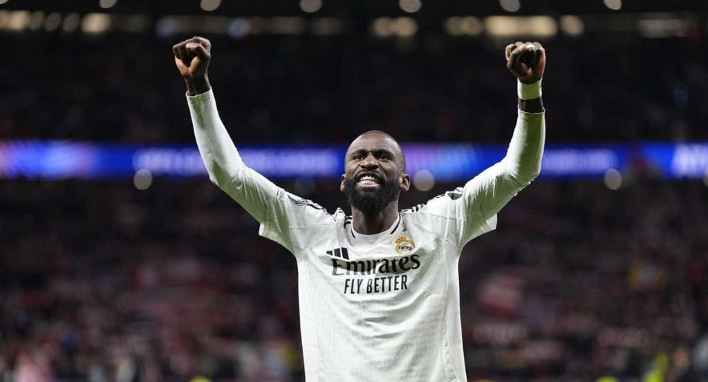Rüdiger celebra el pase a cuartos de final de la Champions en el Metropolitano.